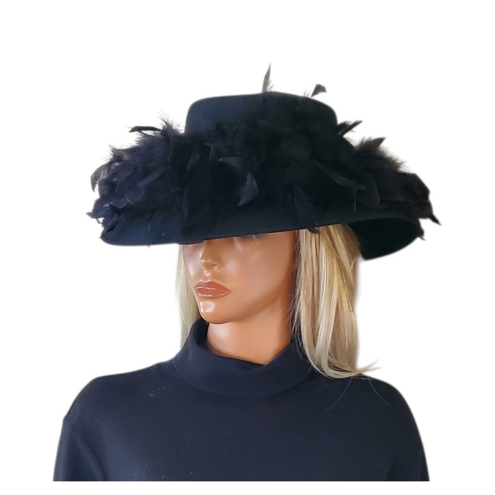 Elegant Betmar New York Black Wool Feather CoveredWide Brim Dress Hat Made USA